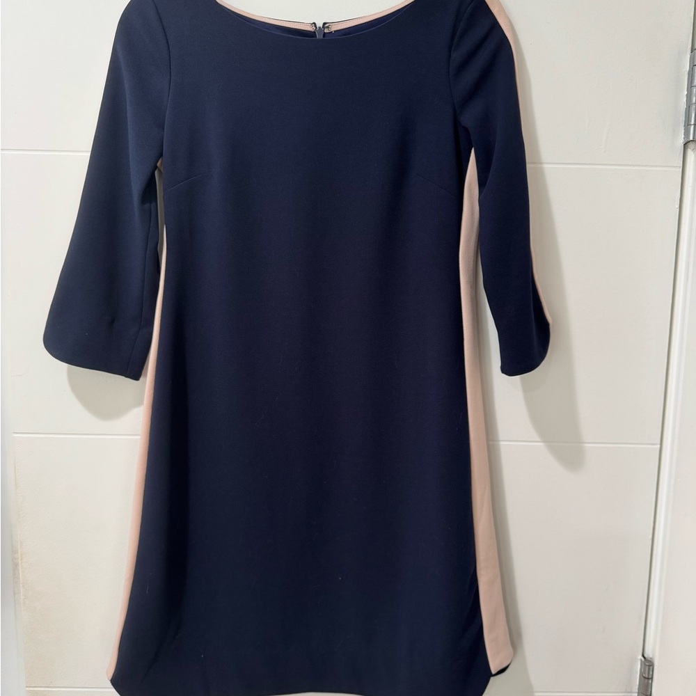 Vince Camuto Blue and Cream Sheath Midi Dress with Bateau Neckline